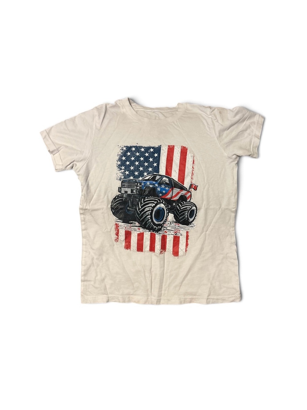 Kids White Graphic Monster Truck Tee with American Flag Size 10/12